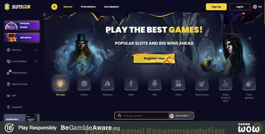 SlotsGem Casino Benutzeroberfläche